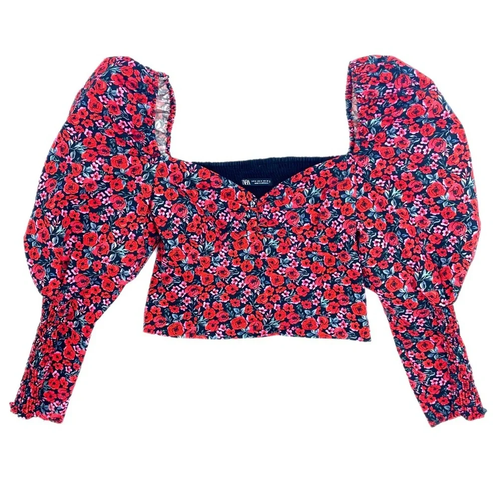 Zara Puff Sleeve Floral Crop Top Rose Print Sweetheart Ruched Blouse Size M - Picture 14 of 15